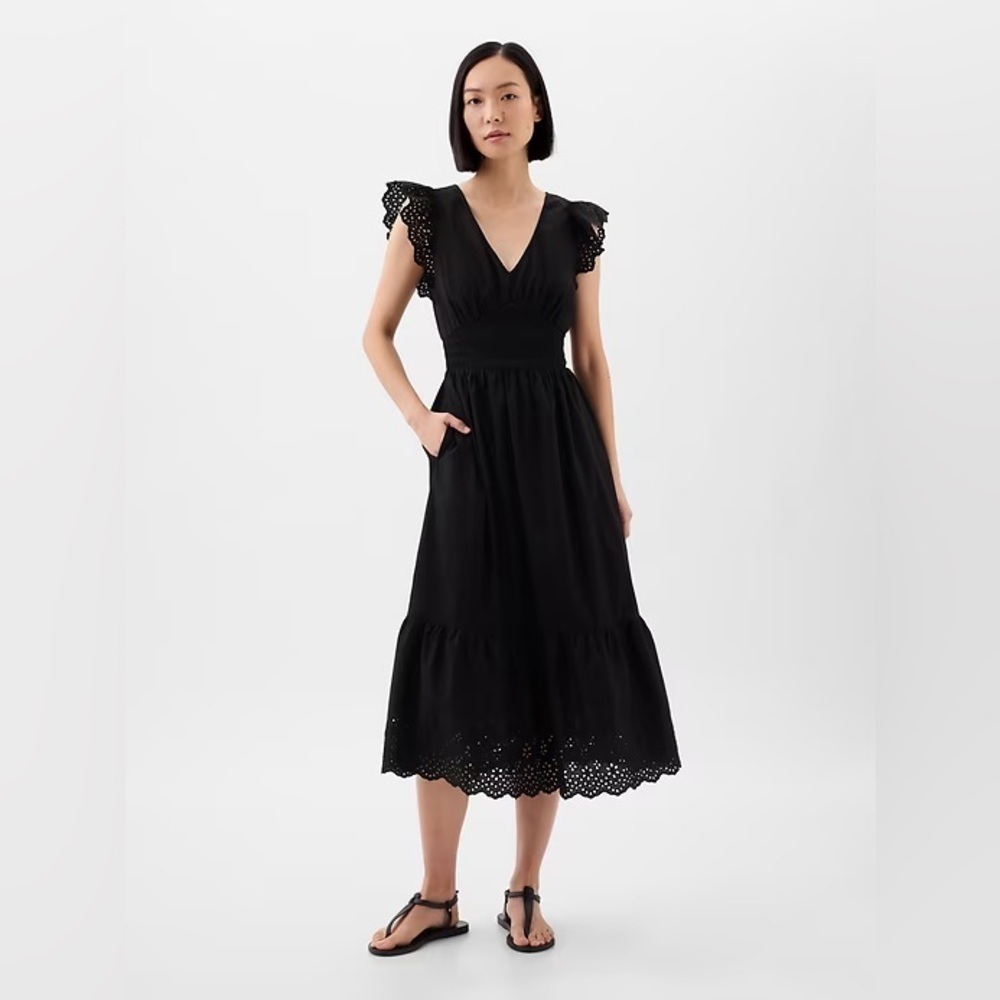 NWT! GAP Black Eyelet Flutter Sleeve Midi Dress - Size XS 🎮